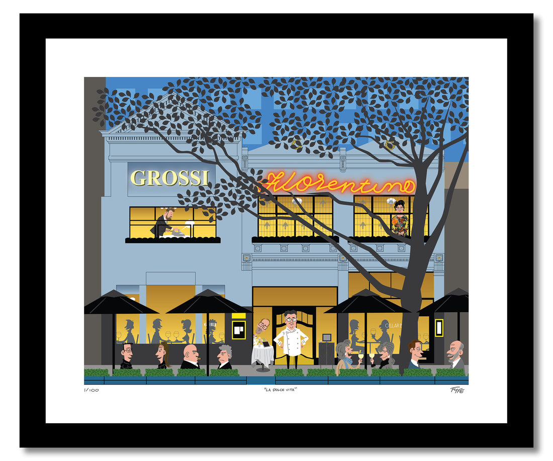 Illustration of a street scene with shops and people, featuring 'Grossi' and 'Lorenzo'.