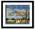 Illustration of a street scene with shops and people, framed with a black border.