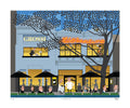 Illustration of a city street scene with people, shops, and a tree.