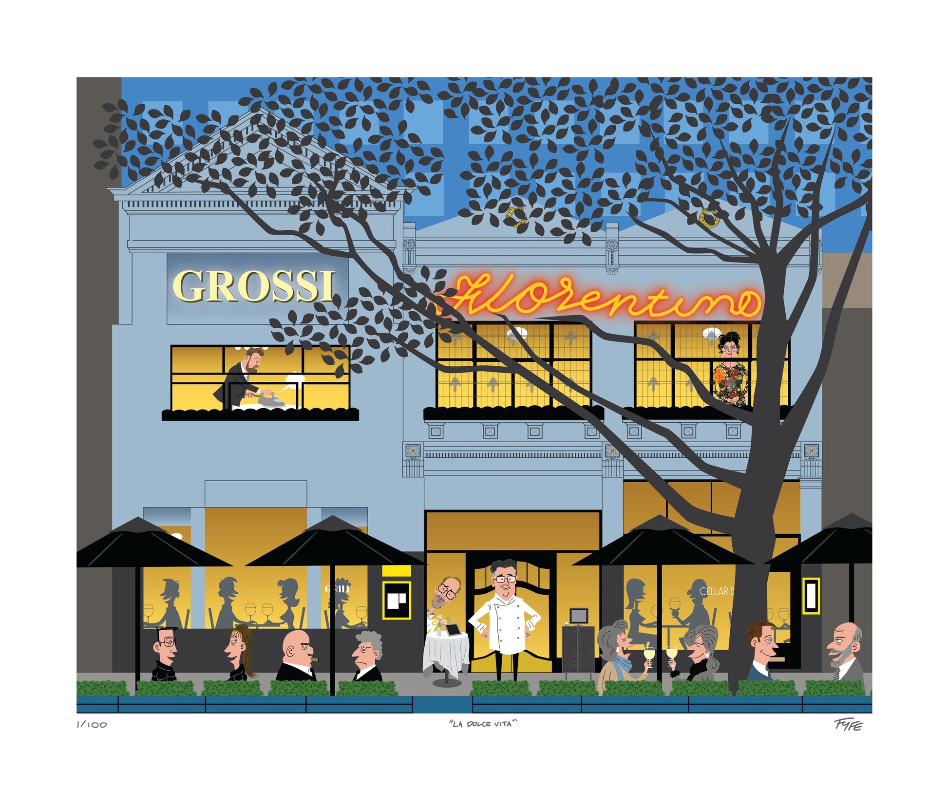 Illustration of a city street scene with people, shops, and a tree.