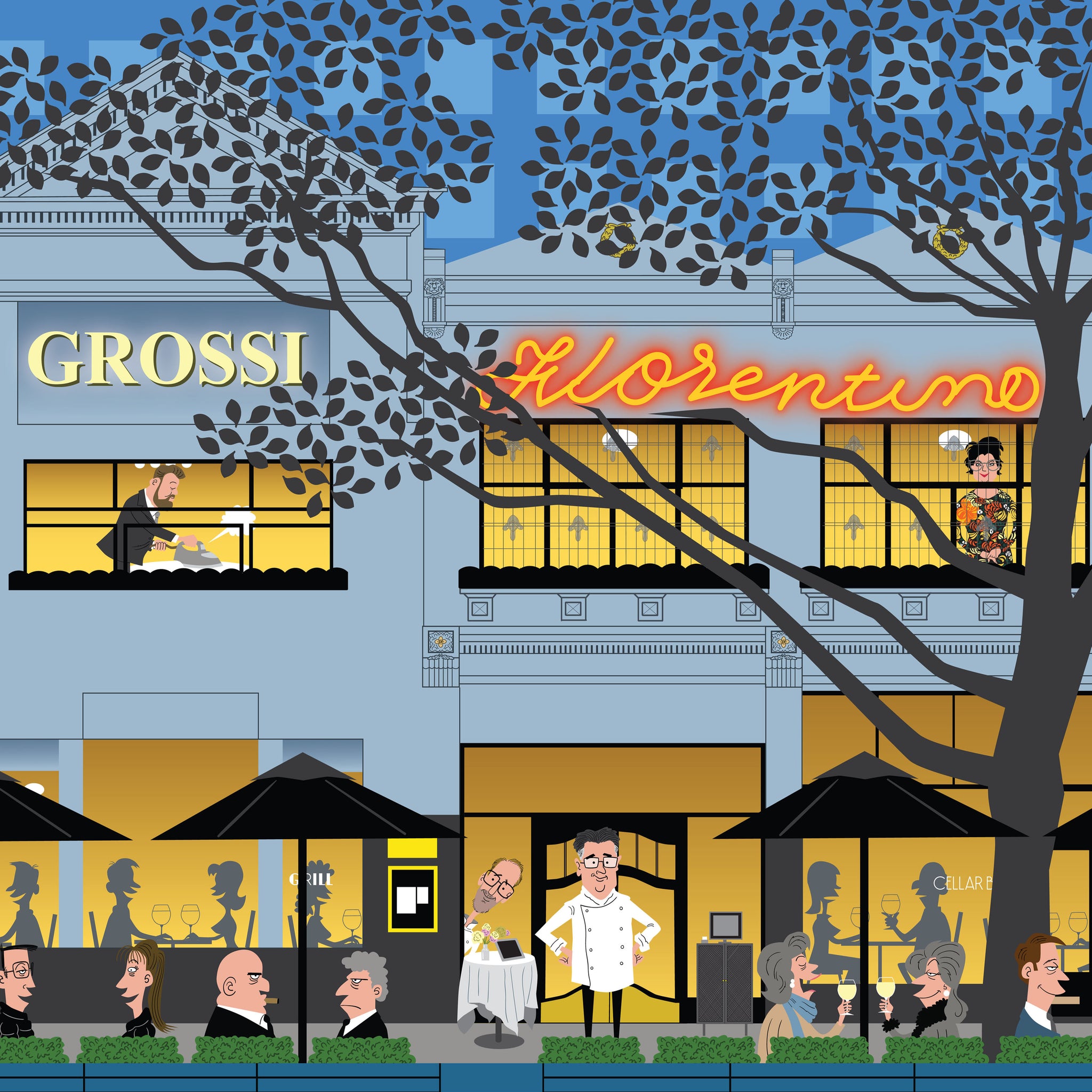 Illustration of a street scene with shops and people, featuring 'Grossi' and 'Lorenzo'.