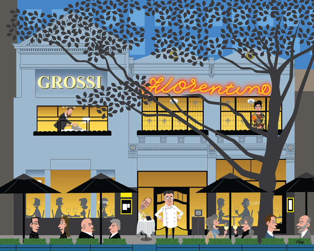 Illustration of a street scene with shops and people, featuring 'Grossi' and 'Lorenzo'.