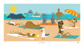 Illustration of a beach scene with various animals lounging and enjoying the sun.