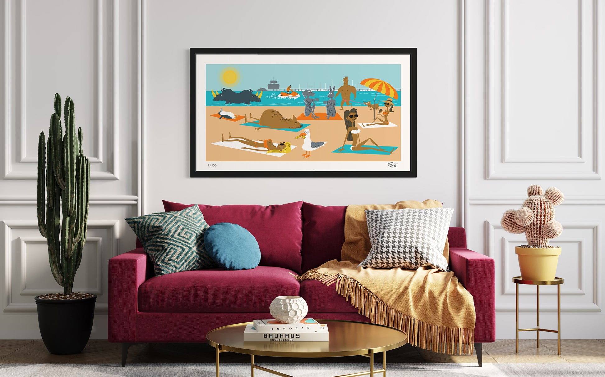 Living room with a red sofa, colorful cushions, and a framed artwork of a beach scene.
