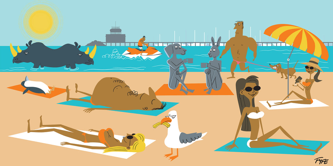 Cartoon illustration of a beach scene with various animals and people lounging.