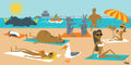 Cartoon illustration of a beach scene with various animals and people lounging.