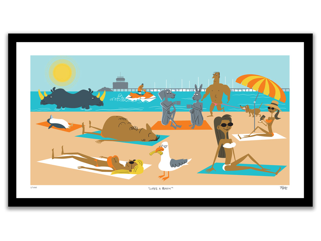 Cartoon illustration of a beach scene with various animals and people lounging.