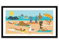 Illustration of people and animals on a beach with a black frame.