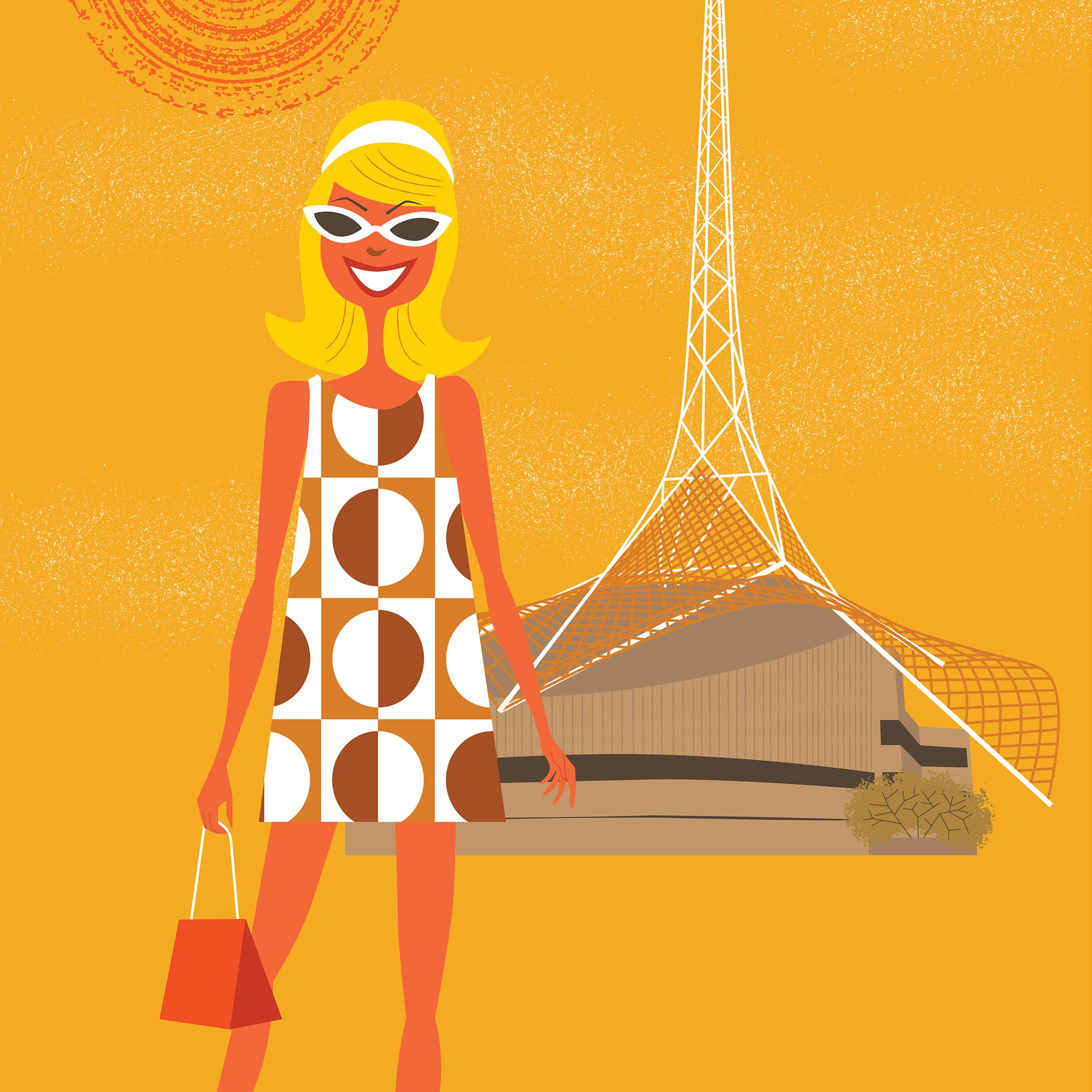 Illustration of a woman in a geometric dress standing in front of a tower on an orange background