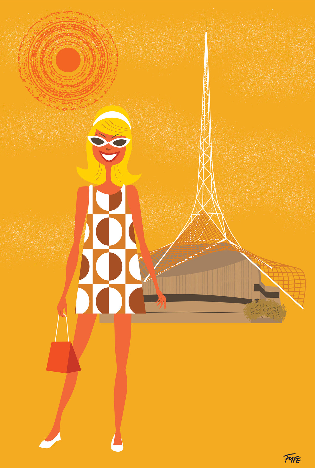 Illustration of a woman in a geometric dress standing in front of a tower on an orange background