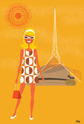 Illustration of a woman in a geometric dress standing in front of a tower on an orange background