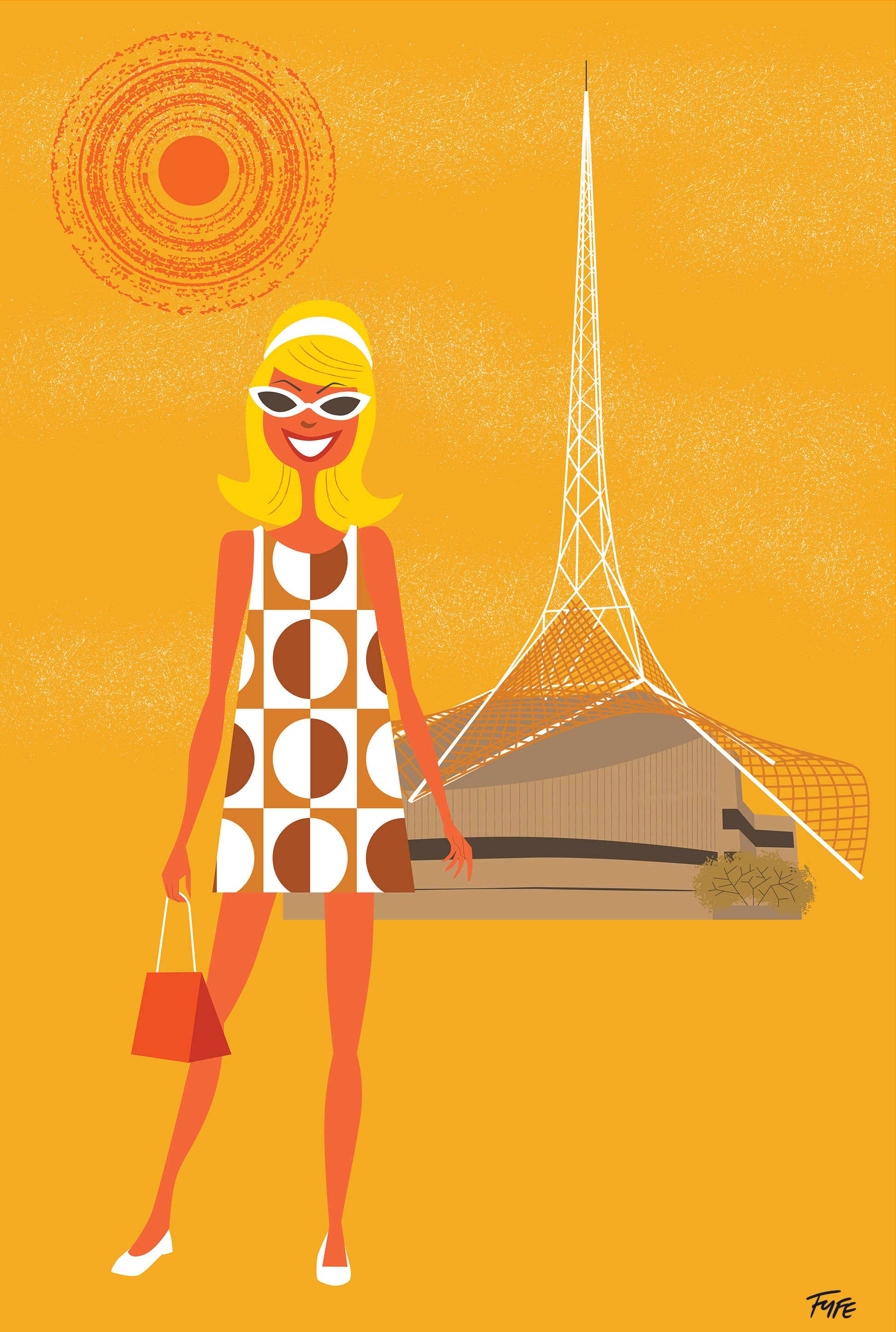 Illustration of a woman in a geometric dress standing in front of a tower on an orange background