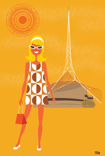 Illustration of a woman in a geometric dress standing in front of a tower on an orange background