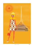 Illustration of a woman in a vintage dress with a radio tower in the background on an orange background