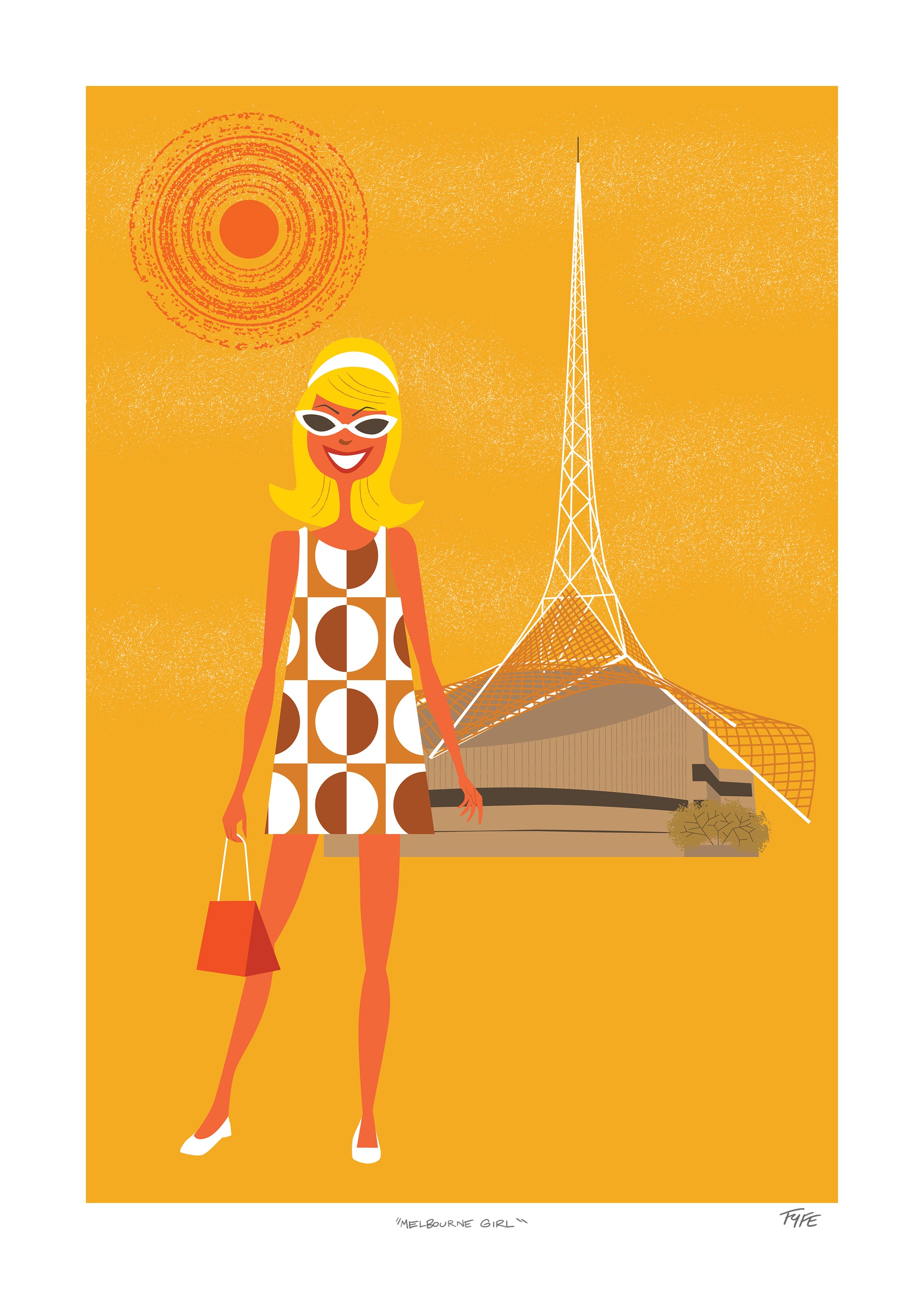 Illustration of a woman in a vintage dress with a radio tower in the background on an orange background