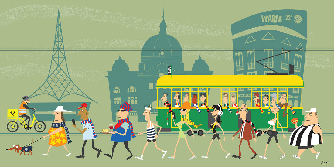 Cartoon-style illustration of a city street with people, a tram, and architectural elements.