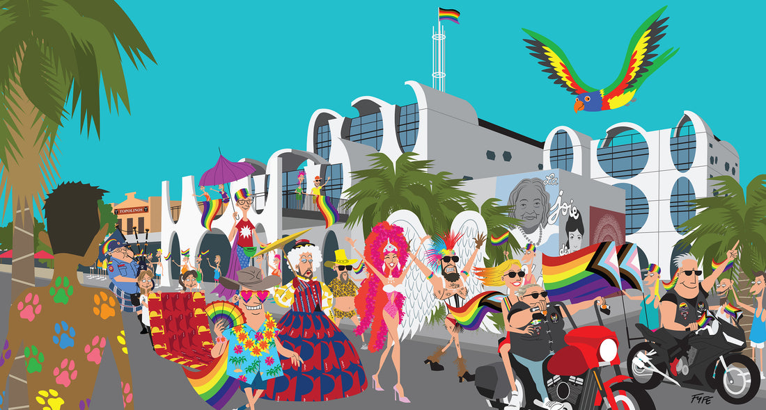Colorful illustration of a parade with people in costumes, palm trees, and buildings.