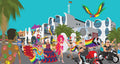 Colorful illustration of a parade with people in costumes, palm trees, and buildings.