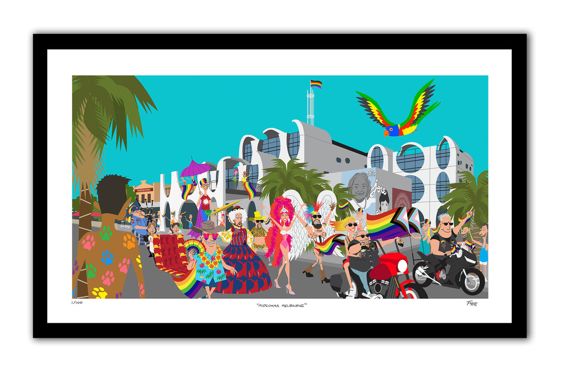 Colorful illustration of a parade with people in costumes, palm trees, and buildings.