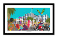 Illustration of a vibrant street scene with people, palm trees, and a building in the background.