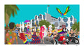 Illustration of a vibrant parade with people holding rainbow flags and colorful costumes, set against a blue sky.