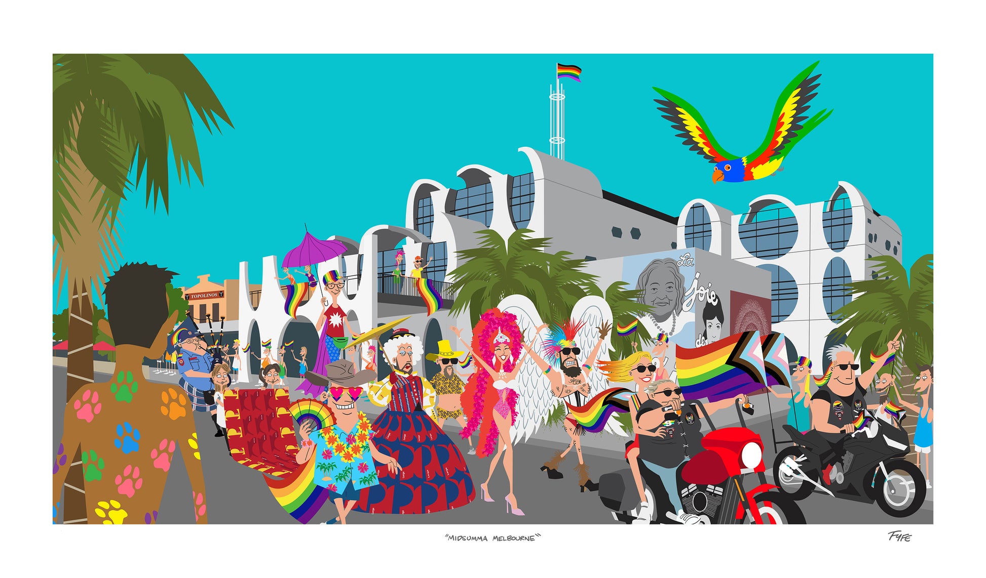 Illustration of a vibrant parade with people holding rainbow flags and colorful costumes, set against a blue sky.