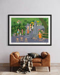 Framed cartoon print of a tropical scene with people and animals on a wall above a brown sofa.