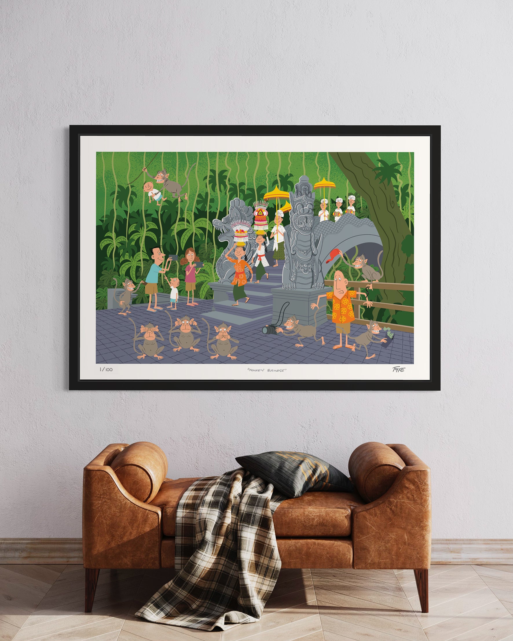 Framed cartoon print of a tropical scene with people and animals on a wall above a brown sofa.