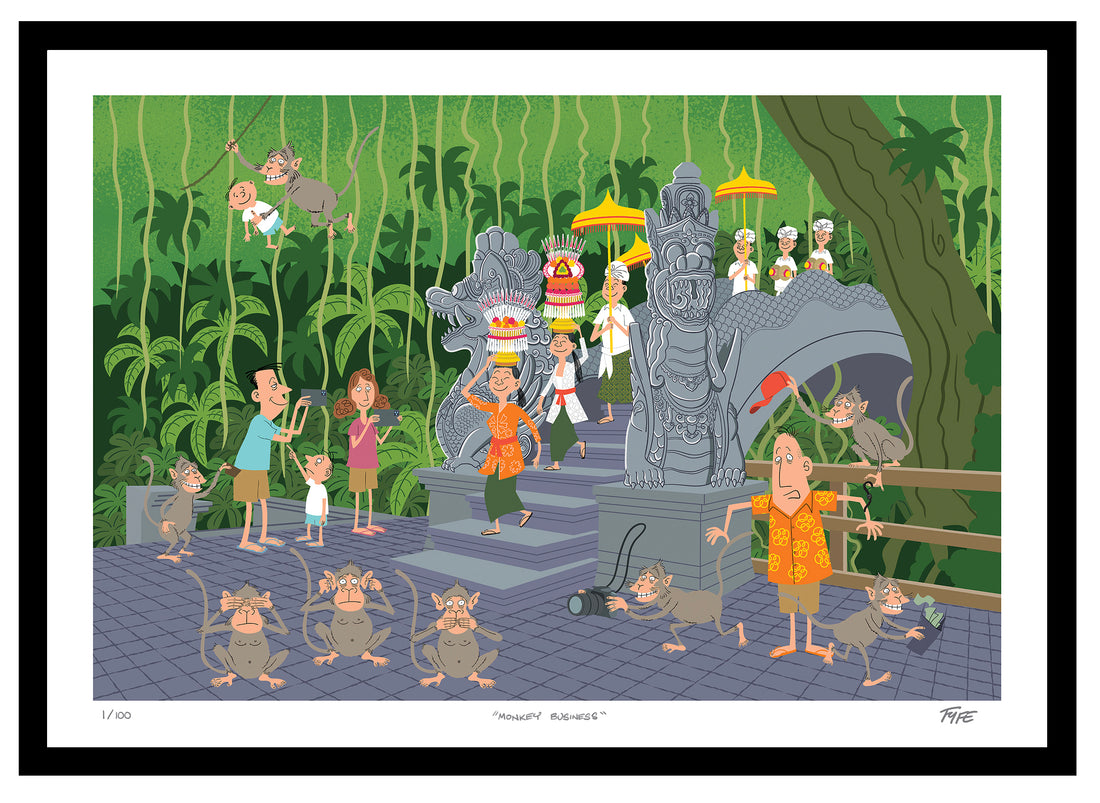 Cartoon scene with people and monkeys in a tropical setting with statues and greenery.