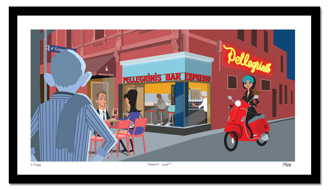 Illustration of a street scene with Pellegrini's Bar Espresso and a woman on a scooter.