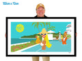 Man holding a large framed artwork of a tropical scene with people by a pool.