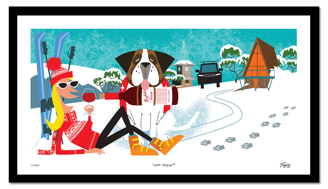 Illustration of a dog and a person in a snowy landscape with skis and a cabin.