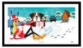 Illustration of a person and dog with skis in a snowy landscape, featuring a cabin and trees.