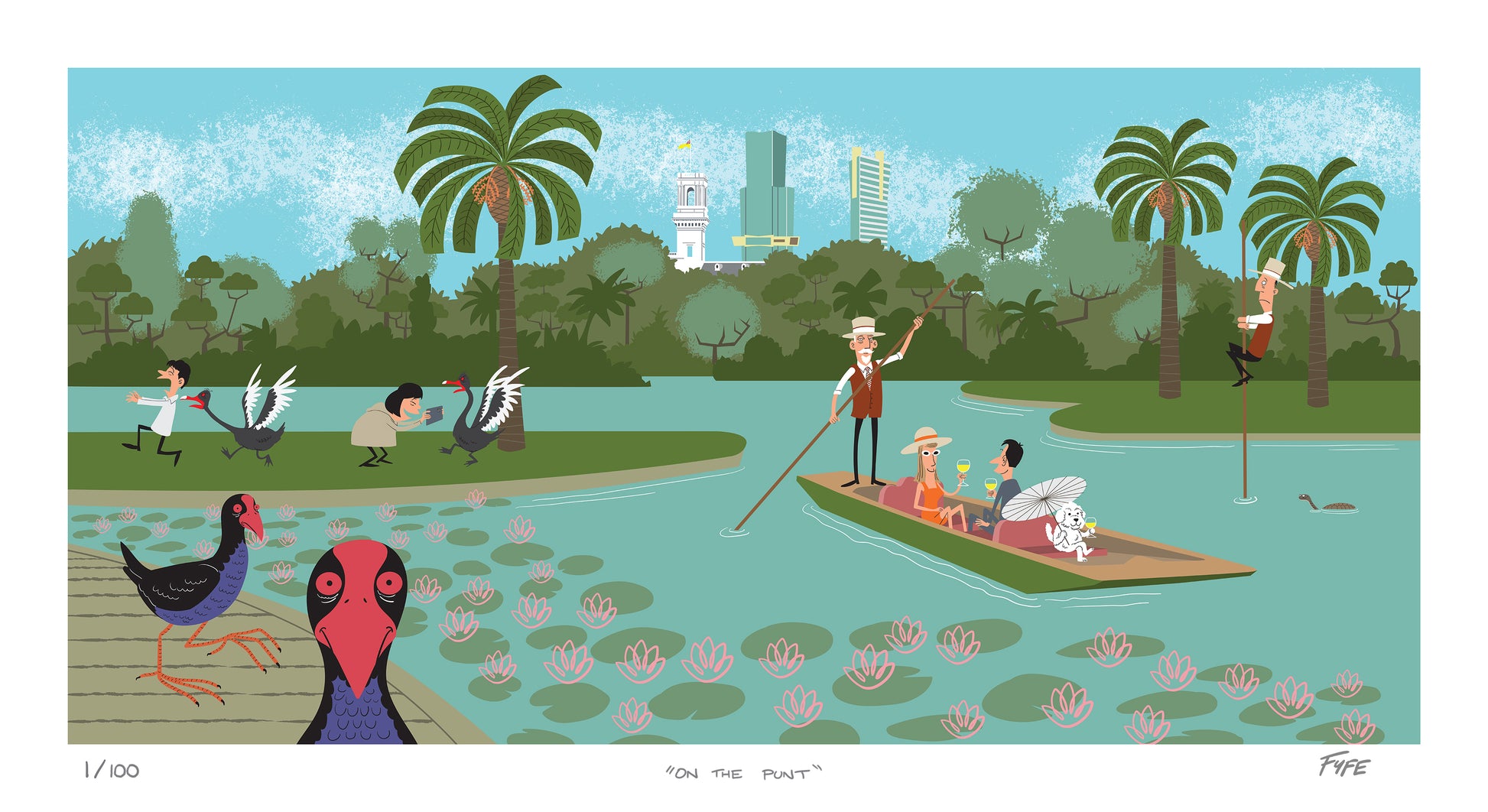 Illustration of a man rowing a boat with people on a lake, surrounded by palm trees and city skyline.