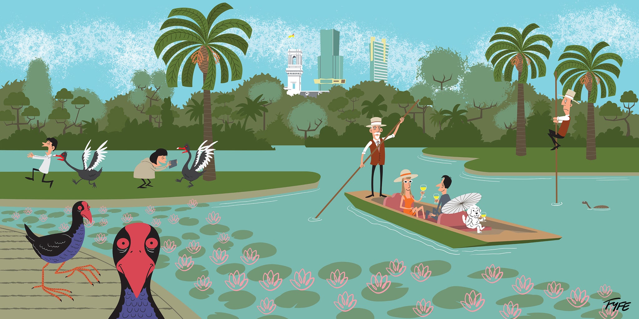 Illustration of a park scene with people, ducks, and a boat on a lake.
