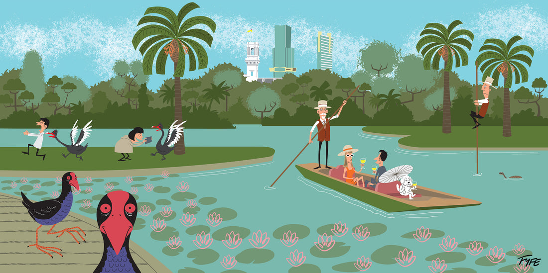 Illustration of a park scene with people, ducks, and a boat on a lake.