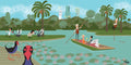 Illustration of a park scene with people, ducks, and a boat on a lake.