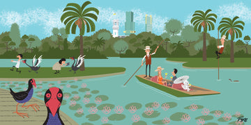 Illustration of a park scene with people, ducks, and a boat on a lake.