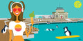 Illustration of a woman with penguins by a dock with a building in the background.