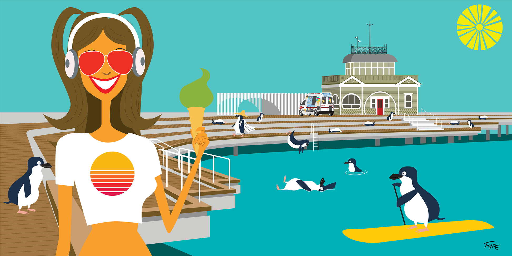 Illustration of a woman with penguins by a dock with a building in the background.