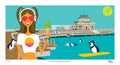 Illustration of a woman with headphones and sunglasses holding an ice cream, standing on a pier with penguins and a building in the background.