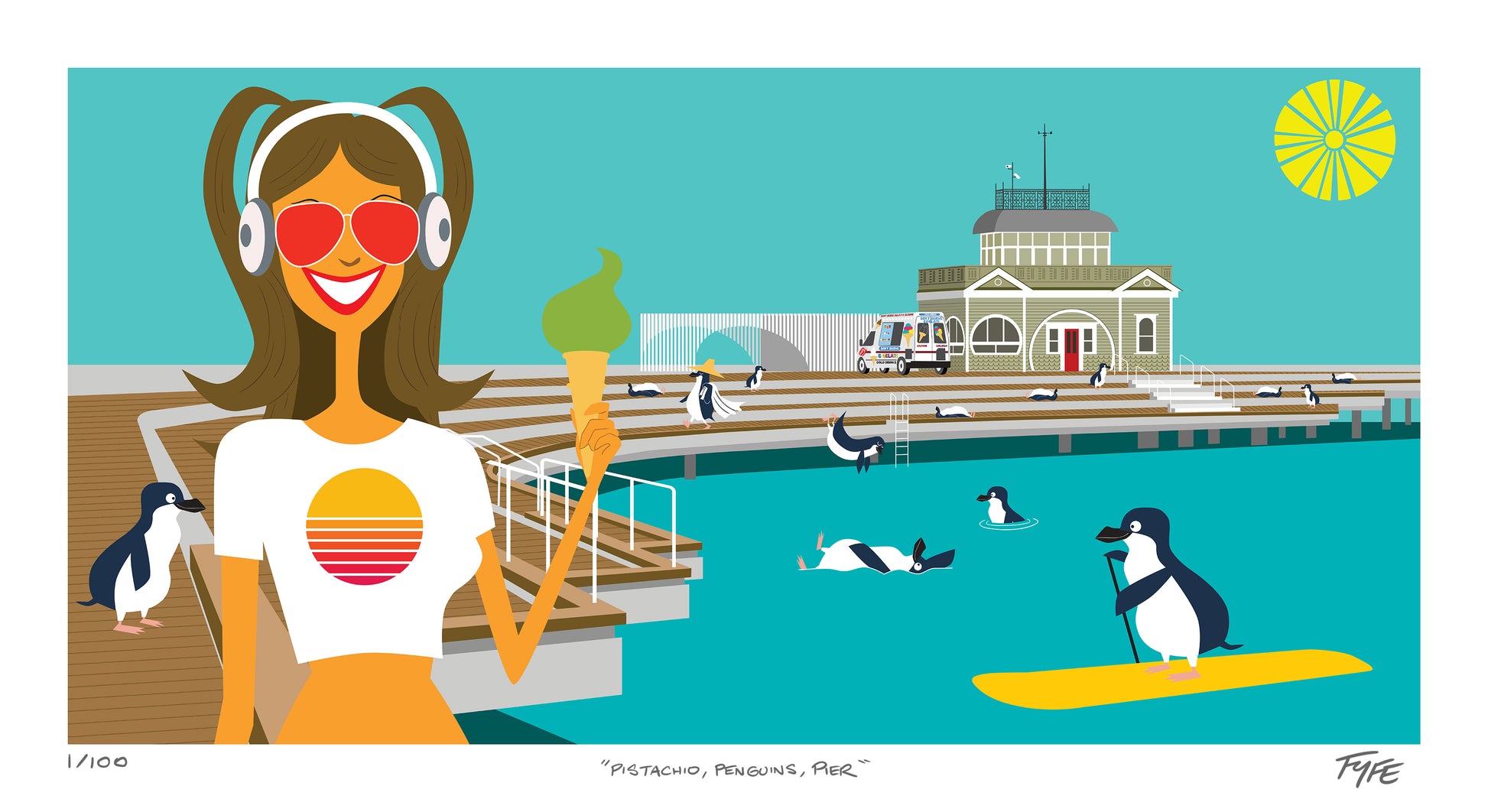 Illustration of a woman with headphones and sunglasses holding an ice cream, standing on a pier with penguins and a building in the background.