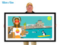 Man holding a framed artwork of a woman by a pool with penguins.