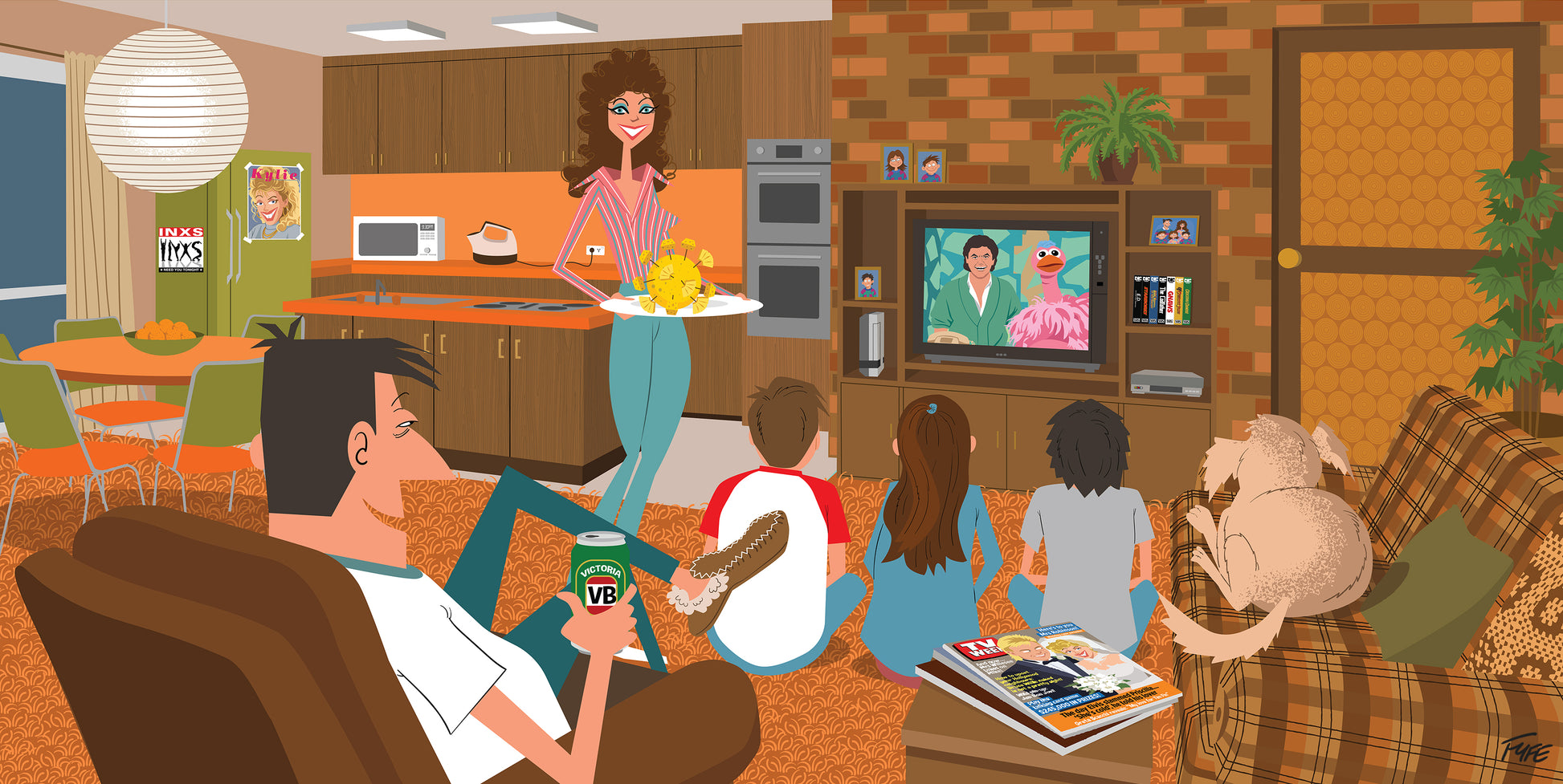 Saturday Night by Andrew Fyfe – nostalgic illustration of an Australian family gathered around the television watching Hey Hey It's Saturday in a 1970s–80s living room. Mum carries party food from the retro kitchen while Dad relaxes with a beer and the children sit on the carpet surrounded by classic Australian memorabilia.