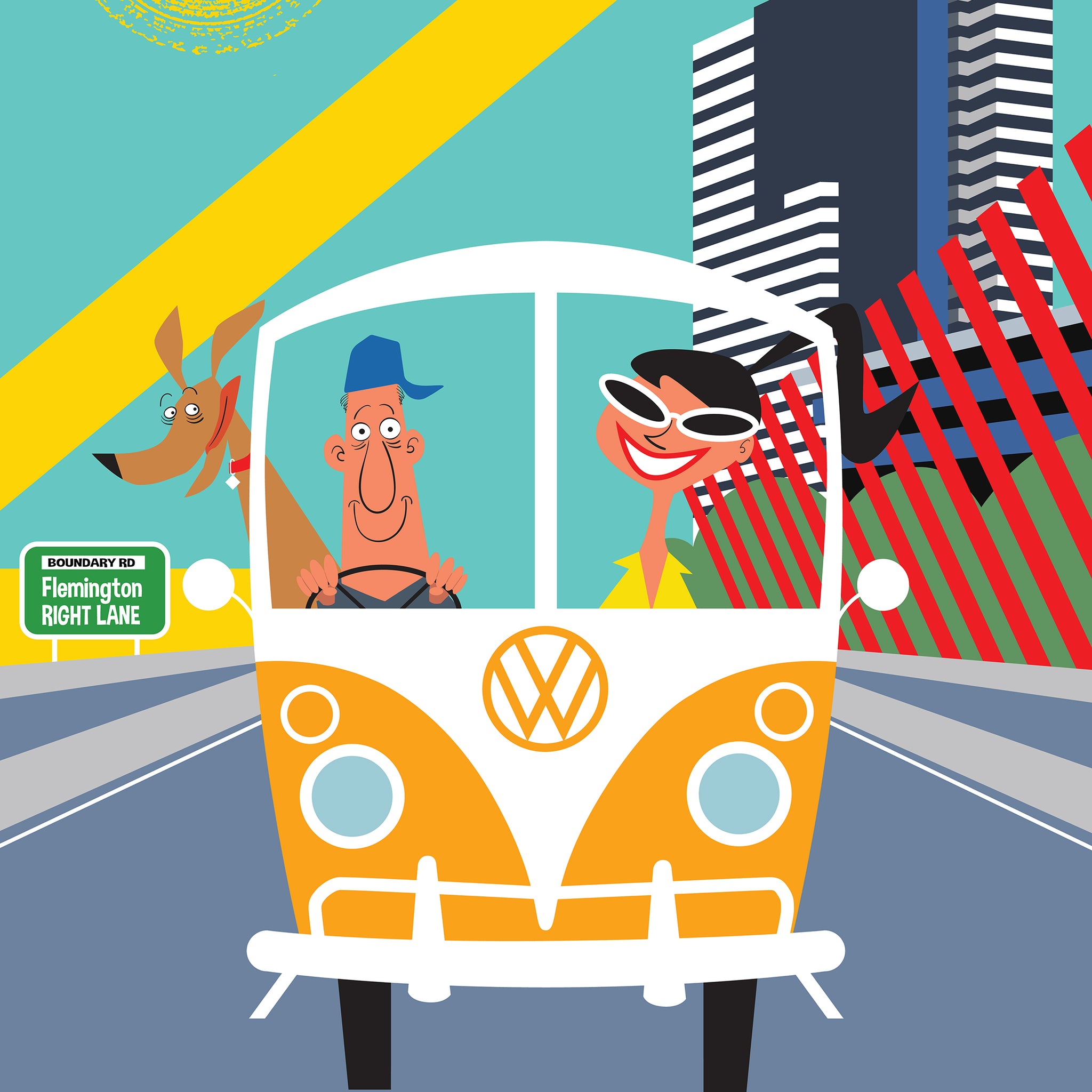 Illustration of a yellow Volkswagen bus with two people and a dog on a road with buildings and a sun in the background.