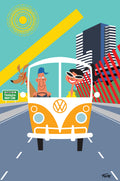 Illustration of a yellow Volkswagen bus with two people and a dog on a road with buildings and a sun in the background.