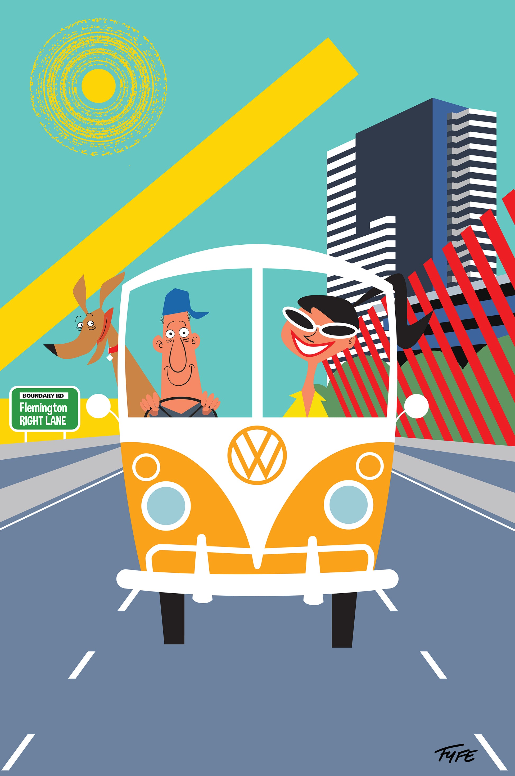 Illustration of a yellow Volkswagen bus with two people and a dog on a road with buildings and a sun in the background.
