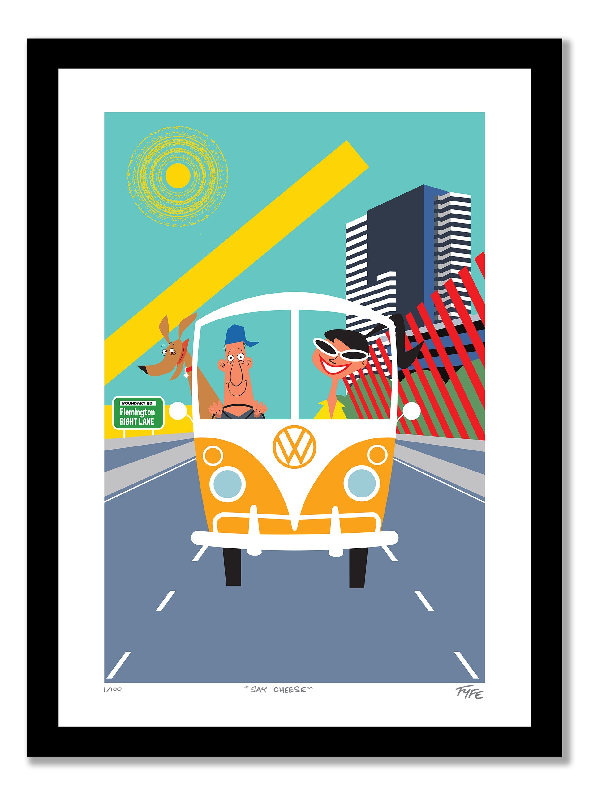 Illustration of a yellow VW bus with people inside, set against a cityscape with buildings and a sun.