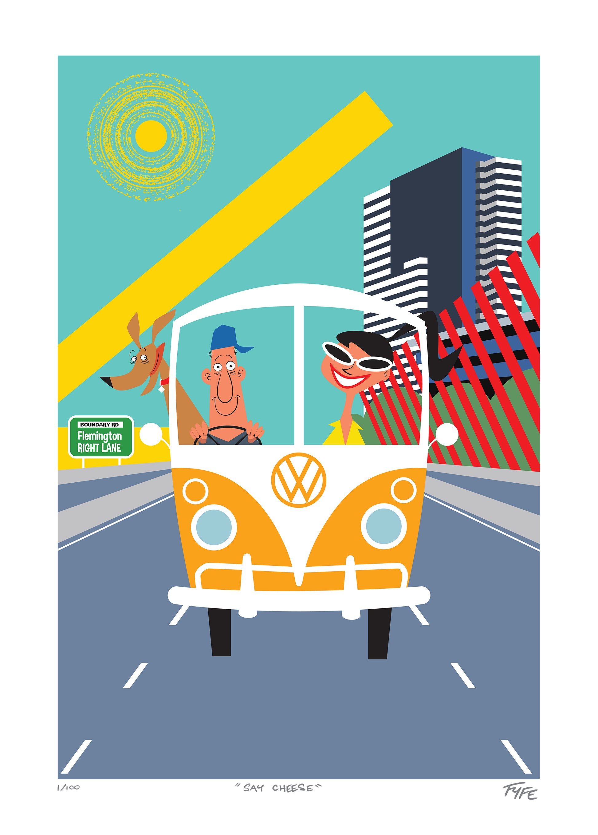 Illustration of a man driving a Volkswagen van with a dog in the city.