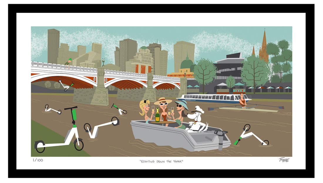 Cartoon scene of people on scooters and a boat in a city setting